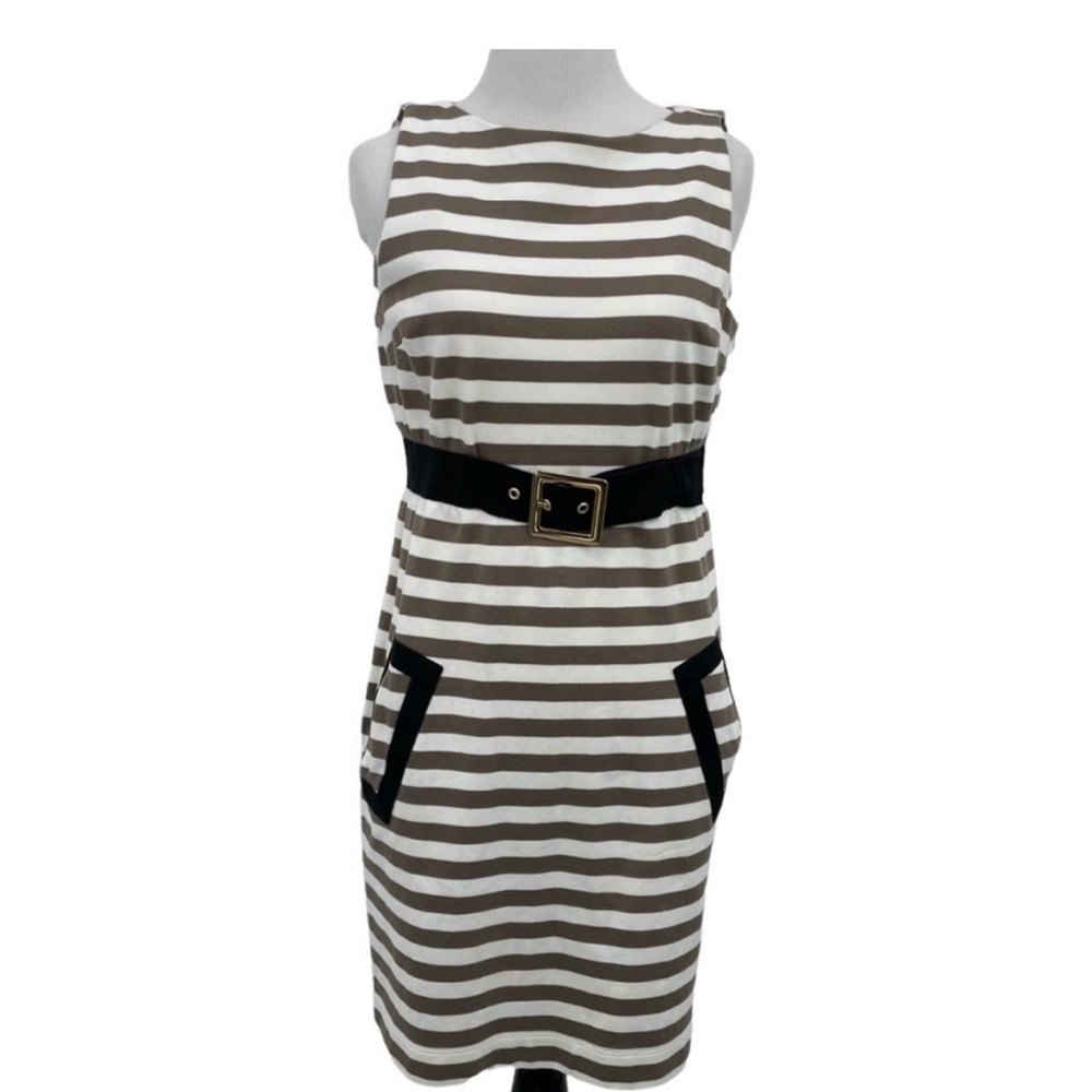 Moschino Size 10 Tam cream stripe Sheath Dress Black Belt Pockets Womens Cotton